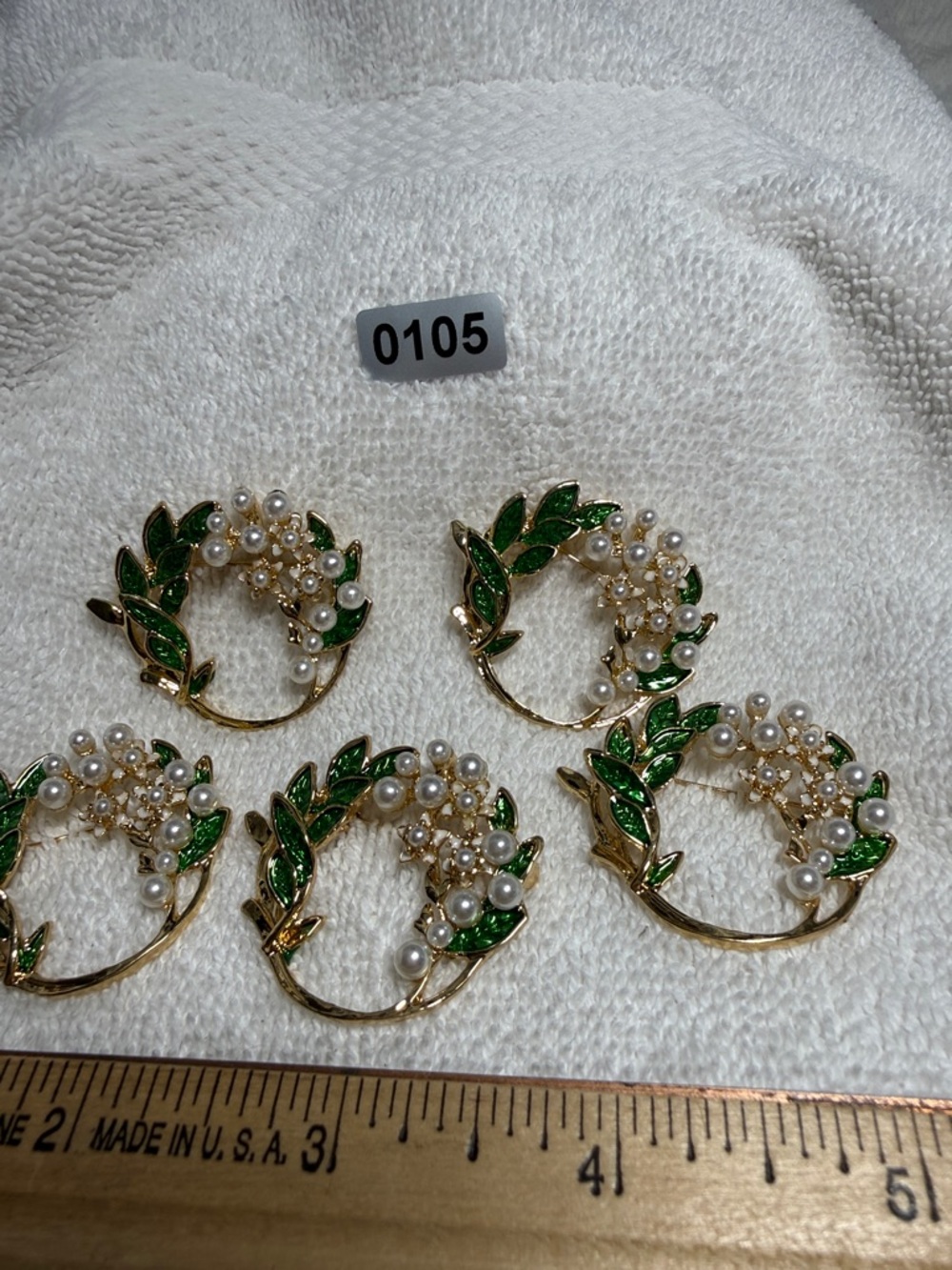 5 Gold-Tone Green Leaf and Faux Pearl Wreath Brooch - Converts to Pendants